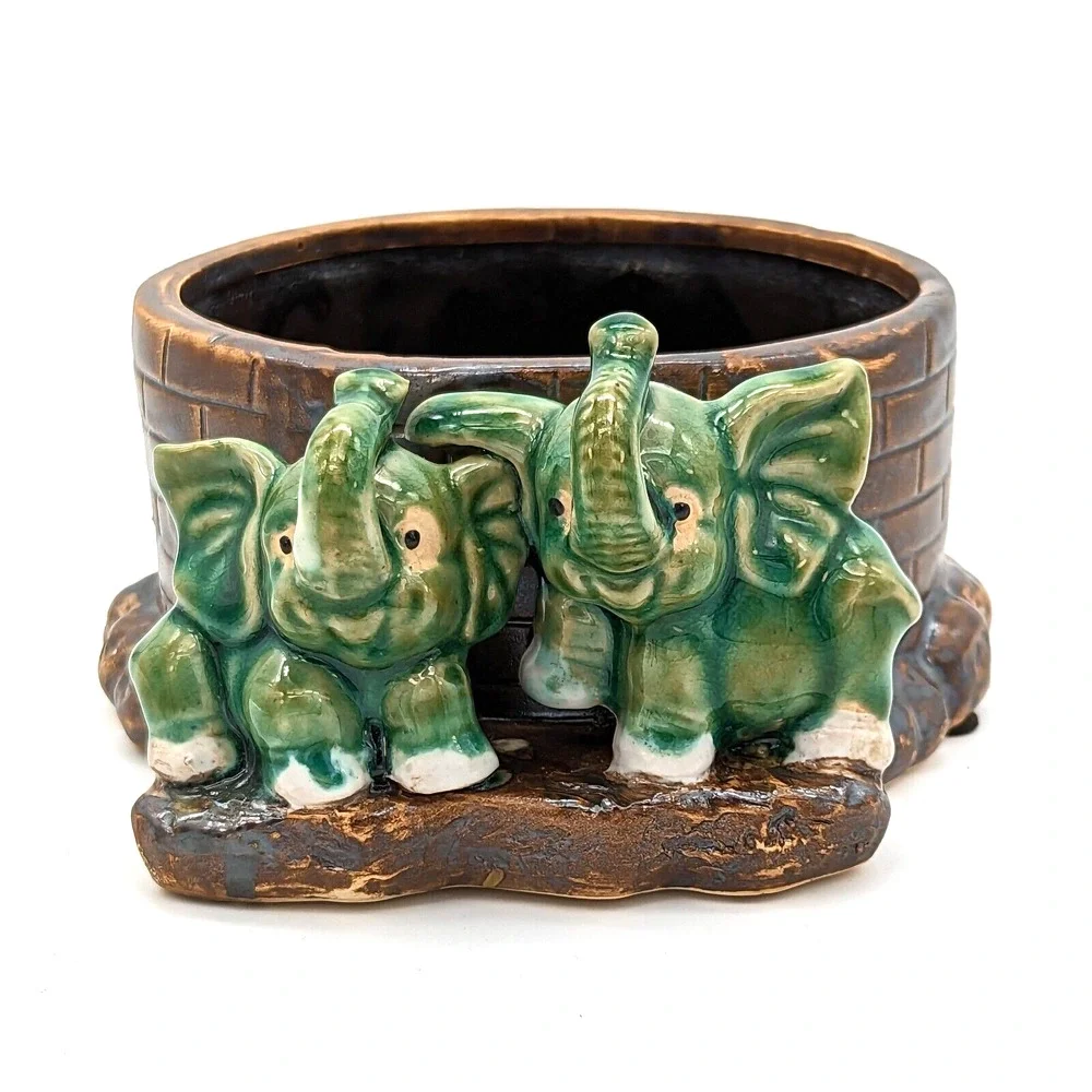 Vintage Majolica Lucky Elephant Planter Two Green Elephants Trunks Up China - Picture 5 of 12